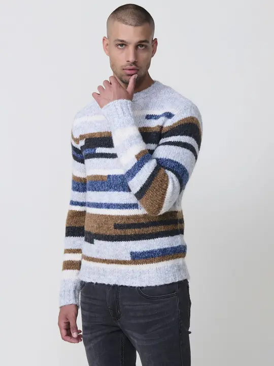 Koroshi - Jersey de punto tricot para hombre con diseño de rayas multicolor, cuello redondo y manga larga, 77% poliéster y 23% acrílico - 1