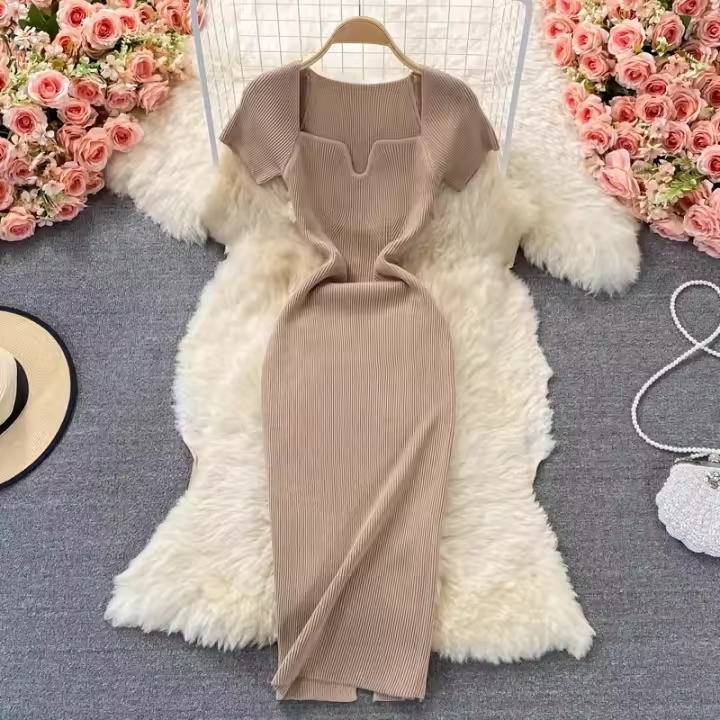 Vestido Elegante De Mujer YuooMuoo Primavera Verano 2025 Cuello Cuadrado Blanco Negro Suéter Bodycon Estilo Oficina Lady Longitud De Rodilla - 1
