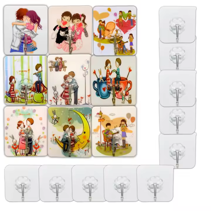 CUBIBOO®️ Set Ganchos Adhesivos Para Pared 10 pcs X Amor (8,5 x 7,5 CM) + 10 pcs X Transparentes (5,7 x 5,7 CM) | Ganchos Para Colgar | No Mas Clavos | Cuelga Facil (19, Amor) - 1