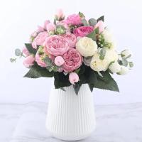 Bouquet De Flores Artificiales De Seda Rosa Púrpura 30cm 5 Cabezas Grandes Para Decoración De Boda Y Fiesta - details 1