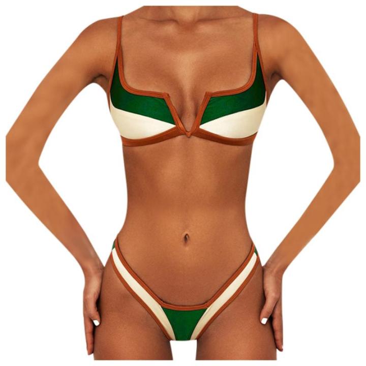 Bikini De Dos Piezas Para Mujer Estampado Color Bloque V-neck Push up Estilo Joven Cintura Baja Sin Almohadillas De Apoyo