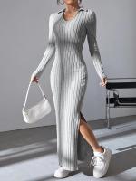 Nuevo Estilo De Vestido De Punto Slim Para Mujer Primavera Verano 2024 Manga Larga Color Sólido Ajustado Silueta De Traje De Oficina - details 4