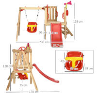 Outsunny Juego de Tobogán y Columpio para Niños de 18-48 Meses 4 en 1 Parque Infantil de Madera con Columpio Tobogán Volante Bocina Teléfono para Patio Césped 170x200x118 cm Rojo y Natural - details 2