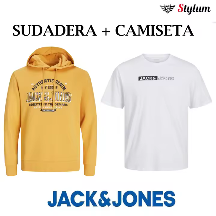 Jack & Jones Pack Sudadera + Camiseta Hombre , Con capucha ajustable ,Color Honey Gold y JJECORP White Logo estampado Moda Casual Informal OTOÑO INVIERNO - 1
