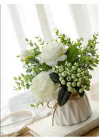 Conjunto de Flores Artificiales - Jarrón de Cerámica con Cuerda de Yute, Rosas y Plantas Falsas para Decoración del Hogar - details 12