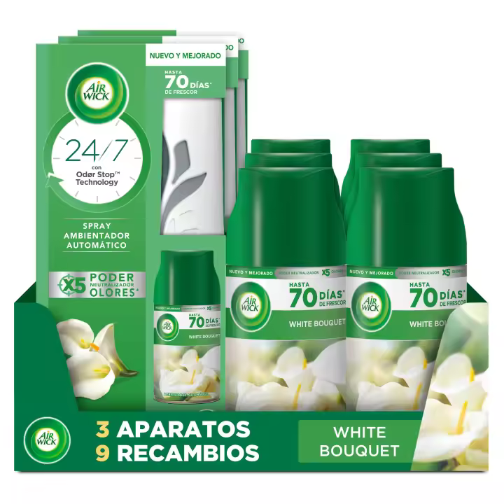 Air Wick Ambientador Freshmatic - 3 Aparatos + 9 Recambios Spray Automático, Esencia para Casa con Aroma a Flor, Flores Blancas, Lirio de Luna, Nenuco, Oasis Turquesa, Delicias de Verano, Lavanda y Vainilla - 1