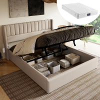Cama de almacenamiento Cama tapizada Cama Doble hidráulica 140x200cm, colchón de látex, colchón de Muelles, somier de lámparas de Madera, somier de Estructura metálica, ropa de Cama, beige (con colchón) - details 9