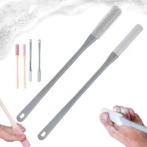 Cepillo de limpieza para espacios de dedos, cepillo de limpieza de silicona de mango largo y cepillo exfoliante, depurador de pies en la ducha, aplicador de loción exfoliante de piel suave para toda la piel (mezcla de 2 piezas) - 1