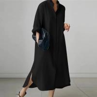 Vestido Largo Elegante Para Mujer Con Cuello Enrollado Y Abertura Casual A-Line Sólido Moda Solapa Simple Suéter Vestido De Manga Regular De Poliéster Con Estiramiento Leve - details 5