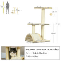 PawHut Árbol Rascador para Gatos Mediano Árbol para Gatos de 3 Niveles Torre para Gatos con Postes de Sisal Tablero para Rascar y Bola Colgante Crema - details 2