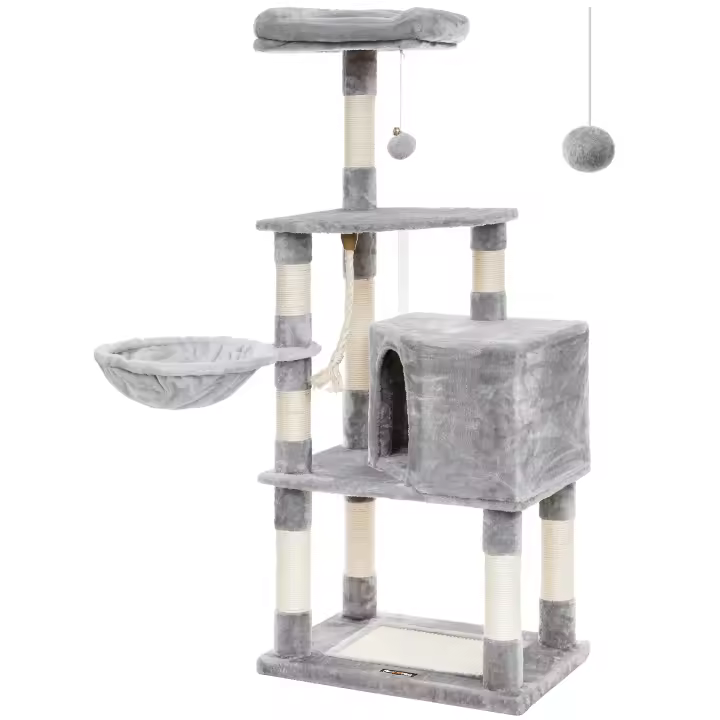 Feandrea Árbol para Gatos de 138 cm de Altura, Rascador para Gatos, con Base y 9 Postes, 1 Plataforma, 1 Cueva, 1 Hamaca, 1 Pompón, 1 Cuerda, Felpa Multicapa, Gris Ahumado/Gris Claro - 1