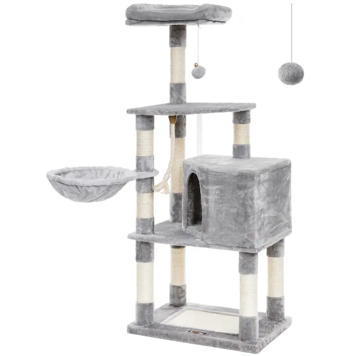 Feandrea Árbol para Gatos de 138 cm de Altura, Rascador para Gatos, con Base y 9 Postes, 1 Plataforma, 1 Cueva, 1 Hamaca, 1 Pompón, 1 Cuerda, Felpa Multicapa, Gris Ahumado/Gris Claro - 1