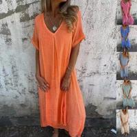 Falda Casual De Verano Manga Larga Cuello V Color Sólido Algodón Y Lino Ajuste Suave Vestido Midi Para Mujer - details 1