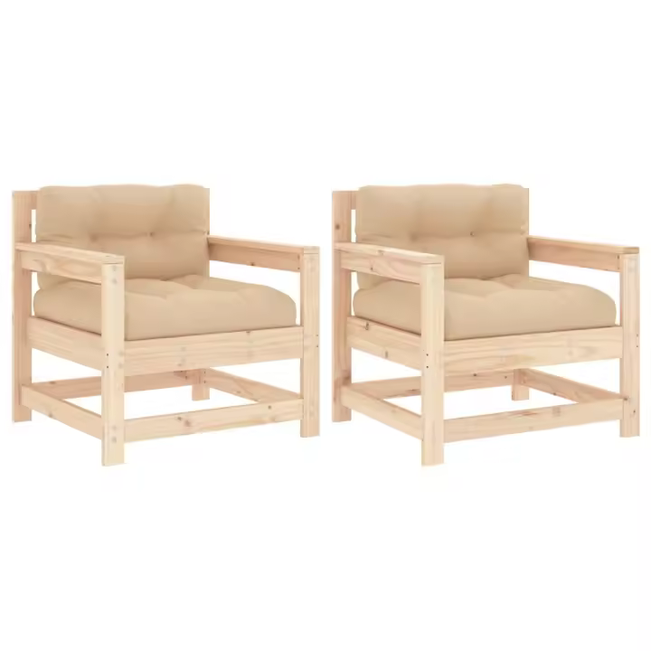 vidaXL Sillones de jardín con cojines 2 uds madera maciza de pino Pino natural, Pino blanco, Pino gris Conjunto Terraza Muebles Jardín Exterior Juego de Muebles de jardín Mueble Jardín Exterior Muebles de Salon Exterior - 1