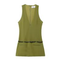 Vestido Mini Verde Con Cinturón Y Cierre De Cremallera En Espalda DUOPERI Para Mujer Estilo Vintage V-Neck Sin Mangas Chic Y Elegante Para Verano - details 1