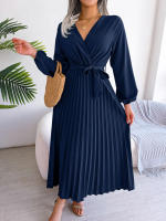 Vestido Largo Elegante Para Mujer Con Cuello En V Manga Larga Pleated Maxi Con Cinturón Estilo Casual De Pierna Larga - details 37