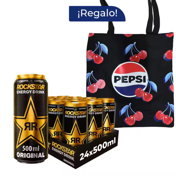 Pack Regalo Rockstar Original 12 Latas x 500 ml + Tote Pepsi, Bebida Energética con Ginseng, Burbuja Fina y Duradera, Bebida Carbonatada, Energy Drink con Cafeína, Vitaminas B, Guaraná y Taurina, Latas 100% Reciclabes - 1