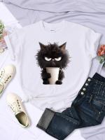 Camiseta Kawaii Para Mujer Con Estampado De Gato Negro Y Taza De Papel Cuello Redondo Transpirable Suave Verano Ropa De Calle - details 13