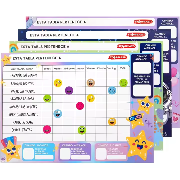 TABLAS DE RECOMPENSAS PARA NIÑOS STARPLAST - Incluye 16 láminas de pegatinas, 4 diseños de niño y niña, premios, regalos, metas, logros, actividades, tareas de hogar, aprendizaje, conductas positivas, ayudar en casa, rutinas diarias, responsabilidad - 1