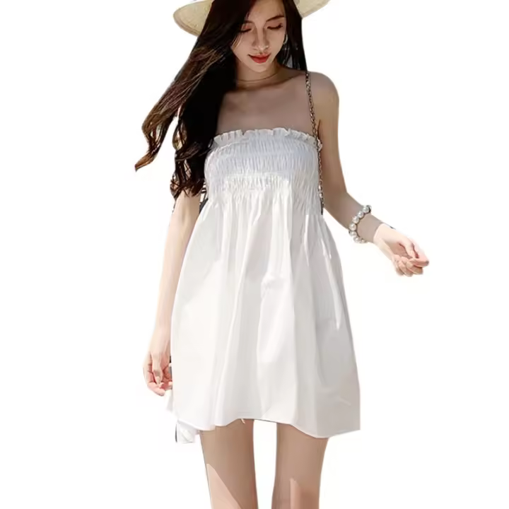 Vestido Bandeau Sin Hombros Casual De Verano Para Mujer Color Sólido Ajustable Estilo Bohemio Cuello Cuadrado Midi Ruched - 1