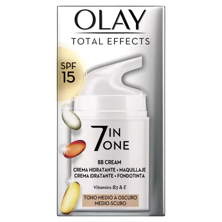 Olay Total Effects BB Cream 7En1 Hidratante Multibeneficios De Día Con SPF 15, Tono Medio A Oscuro,  Con Niacinamida, Vitamina C, E Y Pro-Vitamina B5, Combate Los 7 Signos De La Edad, Nutre Y Protege Tu Piel, 50 ml - 1