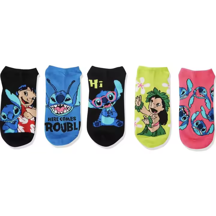 5pcs Juego De Calcetines Cortos De Algodón Transpirable Y Absorbente De Sudor Con Diseño De Lilo & Stitch Y Lilo Pelekai Para Verano - 1