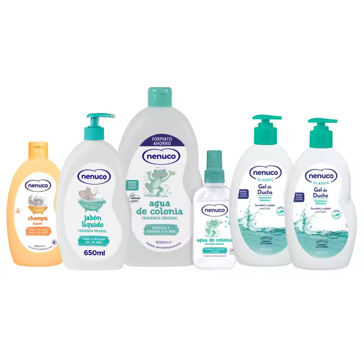Nenuco Pack Familiar | Jabón Líquido 650 ml + Champú Suave 500 ml + Agua de Colonia 1100 ml + Spray 240 ml + 2x Gel de Ducha 650 ml | Fragancia Original | Aloe Vera y Leche de Almendras | Sin Lágrimas | Menos Alcohol | Dermatológicamente Testado - 1