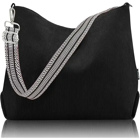 Bolso de pana para mujer with Cremallera, Bandolera de gran capacidad con Correa ajustable para el trabajo, La Escuela, Las Ventas, Los Viajes y La Universidad, color Negro. - 1