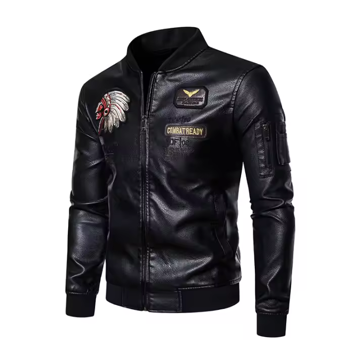 Chaqueta De Cuero Para Motociclista Para Hombre Impermeable Y Resistente Al Viento Con Cuello Erguido Bordado Ajustada Con Cremallera - 1
