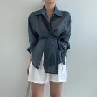 Camisa Casual Para Mujer Suelta Con Cinturón Y Cuello En V Vintage De Manga Larga Transpirable Para Oficina Y Uso Diario - details 8