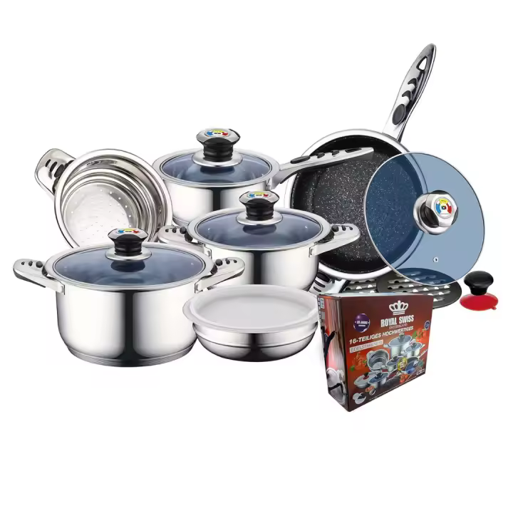 Bateria de cocina 16 piezas Royal swiss, para inducción, con tapa de cristal, acero inoxidable 18/10 / 1 Cacerola 1,6L. /1 Cacerola 3,1L /  1 Cacerola6,3L / 1 Cazo de 1,6L / 1 Sartén de 2,9L con revestimiento de mármol / 1 Tupper / - 1