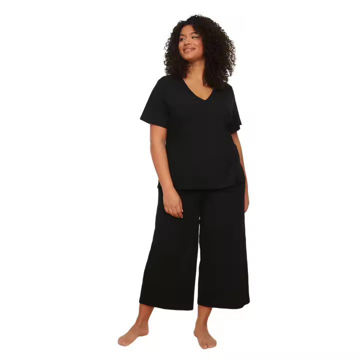 Trendyol Black Ribbed V-Neck Capri Length Knitted Pajama Set Tbbss22Pt0237 - 1