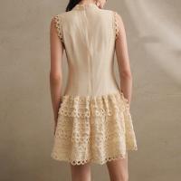 Vestido Mini De Encaje Con Agujeros Huecos Para Mujer Cuello Erguido Sin Mangas Cintura Alta Spliced Botones Estilo Vintage - details 9