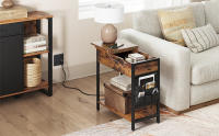 VASAGLE Mesa Auxiliar con Multienchufe, Mesa Lateral Estrecha con Puertos USB, Sacos, Mesita de Noche, para SalÓn, Dormitorio, MarrÓn RÚstico y Negro - details 1