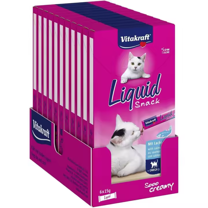 VITAKRAFT - Cat Liquid Snack líquido para gatos Sabor pollo con taurina o salmón con Omega 3 (Pack de 11x90g) - 1