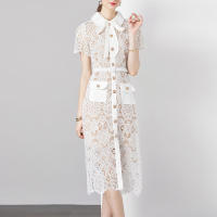Vestido De Mujer Verano Corto Manga Tirantes Cuello Enrollado Blanco Lace-up Vestido De Oficina Lady Silueta Recta Midi Polyester - details 3