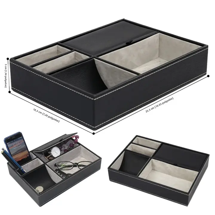 Organizador De Escritorio PU Con 5/6 Compartimentos Caja De Almacenamiento Para Joyas Teléfono Llaveros Cartera Reloj Gafas De Hombre Valet Tray Nócturna - 1