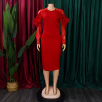 Vestido Elegante De Mujer Con Cuello Redondo Y Manga Larga En Luto Sólido Ajustado Hasta Las Caderas Largo Medio Para Fiestas Y Comidas En El Restaurante - details 2