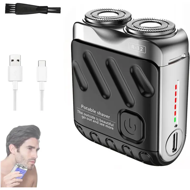 Afeitadora eléctrica portátil de doble anillo rotatorio, con protección magnética, recargable por USB, resistente al agua, de bolsillo para el cuidado de la barba y el vello corporal, color blanco. - 1