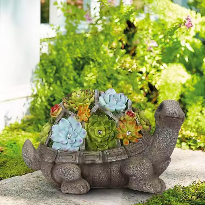 Adornos solares para jardín de tortugas al aire libre, estatua solar de jardín con suculentas y 7 luces solares LED, regalo para mamá, regalo de cumpleaños para mujeres, decoración - 1