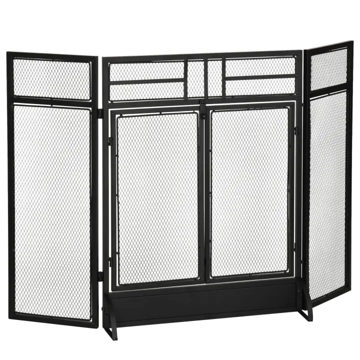 HOMCOM Salvachispas Plegable Pantalla Protectora de Chimenea de 3 Paneles con Doble Puerta y Pies Adicionales 120x11,5x79 cm Estructura de Metal Negro - 1