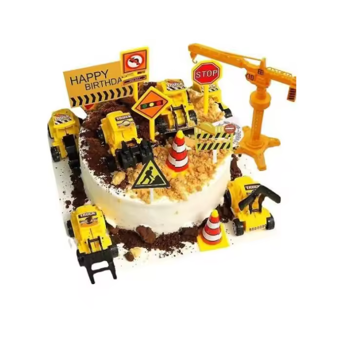 18 piezas de adornos para tartas de construcción, vehículos, juego de decoración para tartas, excavadora, grúa torre, decoración para cupcakes, señales de tráfico y carretera, decoración para fiesta de feliz cumpleaños - 1