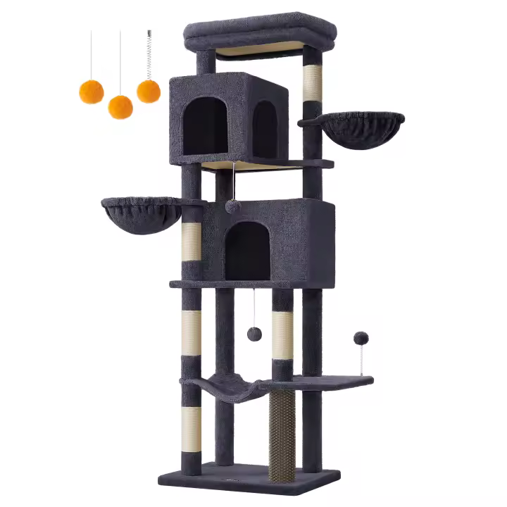 Feandrea Árbol para Gatos, Torre para Arañar de 175 cm de Altura, Multinivel con 2 Cuevas, 2 Cestas, 5 Rascadores, Alfombra, Plataforma, Hamaca, Gris Paloma/Gris Oscuro/Beige Arena - 1