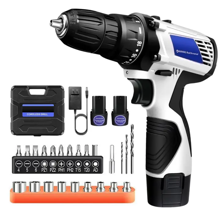 Kit de taladro inalámbrico con batería, kit de herramientas de destornillador eléctrico 2 en 1 de 45 N.m, portabrocas sin llave de doble velocidad de 3/8 pulgadas - 1