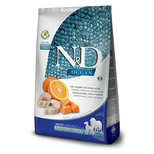 FARMINA N&D DOG OCEAN PUMPKIN MEDIUM MAXI BACALAO 2,5KG / Bacalao, calabaza y naranja. Alimento completo para perros adultos - 1