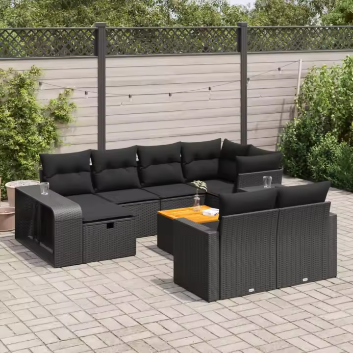 vidaXL Set de sofás de jardín 11 pzas y cojines ratán sintético negro - 1