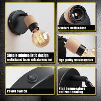Lámpara de pared industrial con interruptor, Focos giratorios de 360 °, aplique de pared de Madera Retro Vintage, portalámparas E26 Edison para dormitorio y Sala de estar - details 3