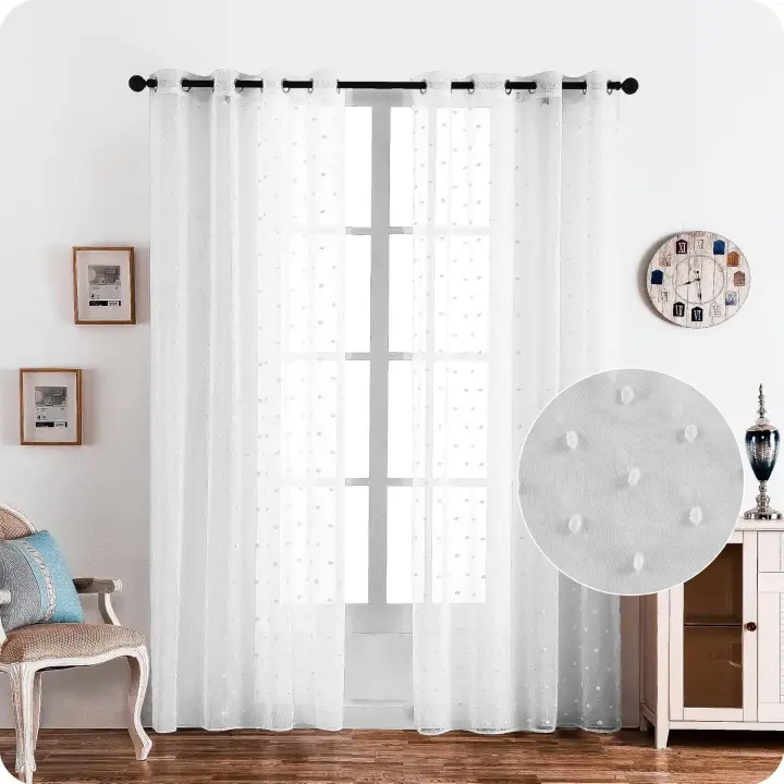 Shoppe house - Cortina Salón Dormitorio Translúcida con Diseño de Pompones levantados para Ventana Cocina Comedor de 140x260cm Blanco - 1