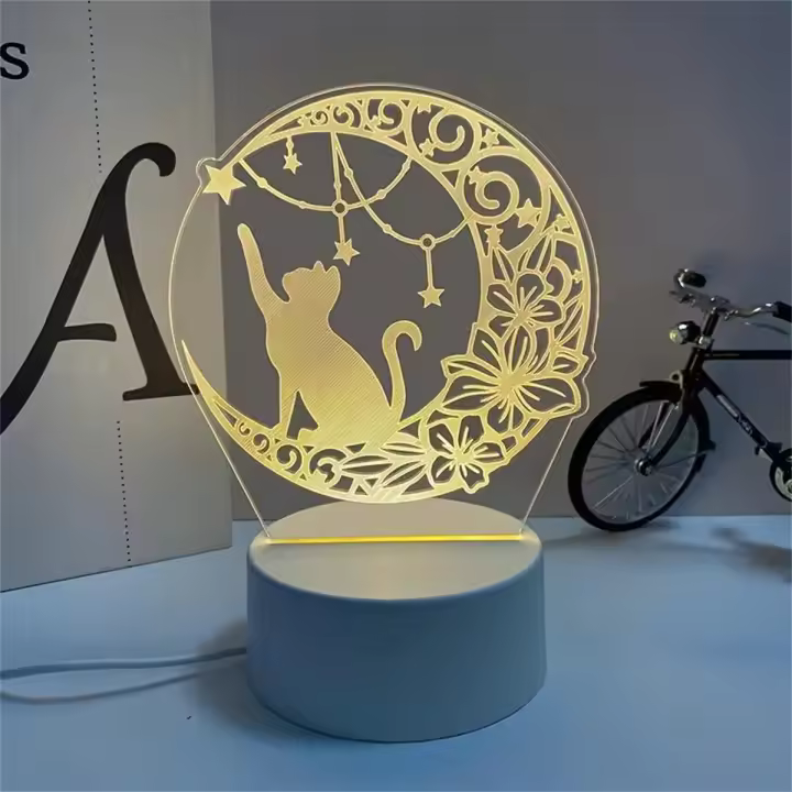 Lámpara De Noche 3D Ilusión Óptica Gato Estrella Con Toque Y Cambio De Color Ambiental 7 Colores Para Dormitorio - 1