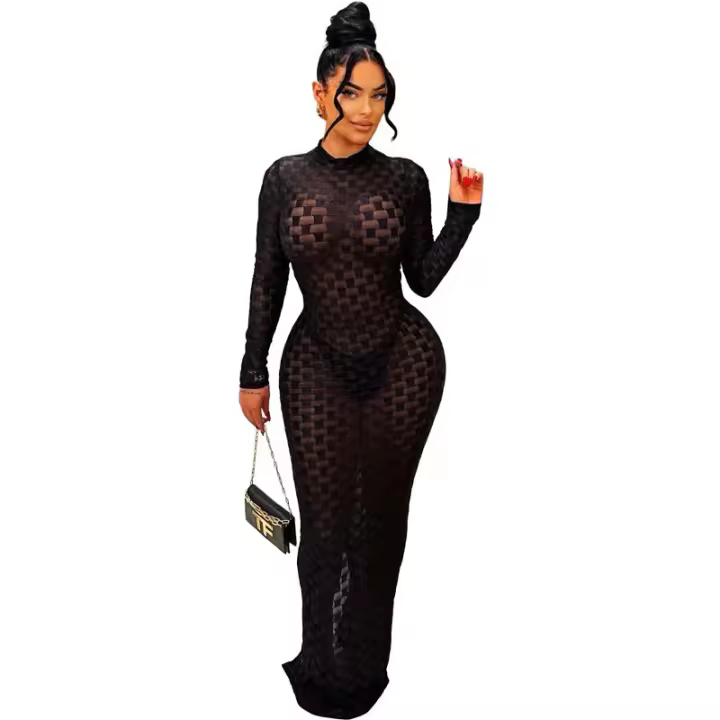 Vestido Elegante De Mujer Con Mangas Largas Y Cuello Redondo Estampado En Cuadros Ajustado Hasta La Cintura De Fiesta Vintage Vestido Largo Para Club Y Fiestas - 1